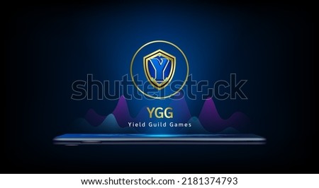 Yield Guild Games coin icon crypto currency token symbol come out from smartphone with growth chart. Trading cryptocurrency on application. Financial investment. Banner for website or news. Vector.