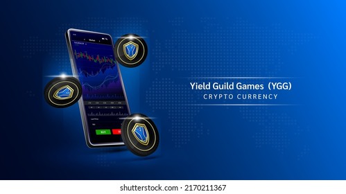 Yield Guild Games coin and Phone. App for trading crypto currency on the touch screen smartphone. Data analytics stock market. Mobile banking cryptocurrency. Vector 3d. 