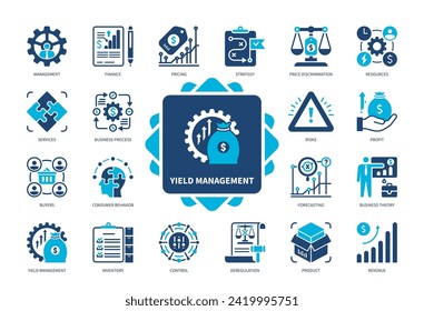 Symbol-Einstellung für das Yield-Management. Ressourcen, Strategie, Geschäftstheorie, Verhalten, Produkt, Käufer, Finanzen, Preisdiskriminierung, Einnahmen. Duotone-Farbsymbole