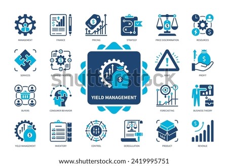 Yield Management icon set. Resources, Prising Strategy, Business Theory, Behaviour, Product, Buyers, Finance, Price Discrimination, Revenue. Duotone color solid icons