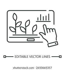 Ícone de previsão de rendimento. Ícone de previsão de rendimento mostrando mão com tela de dados de crescimento de plantas, ideal para projetos e projetos relacionados à agricultura e tecnologia.