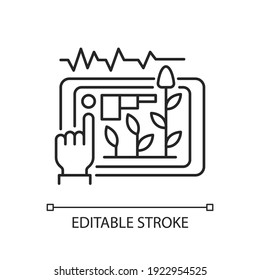 Yield prediction linear icon. Soil test information. Crop growth forecasting. Machine learning. Thin line customizable illustration. Contour symbol. Vector isolated outline drawing. Editable stroke