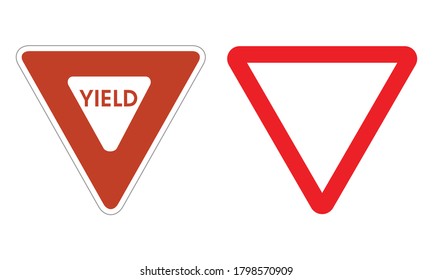 Yield road sign set. Vector illustration of American and European yield traffic sign isolated on white background. Red and white triangular board with rounded corners. Flat design.