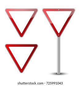 Yield triangle signs blank set. Traffic red road signs isolated on white background. Warning street safety icons for transportation. Guidepost pole. Empty signs template Vector illustration
