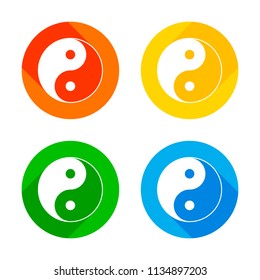 yin yan symbol. Flat white icon on colored circles background. Four different long shadows in each corners