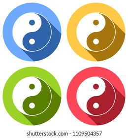 yin yan symbol. Set of white icons with long shadow on blue, orange, green and red colored circles. Sticker style