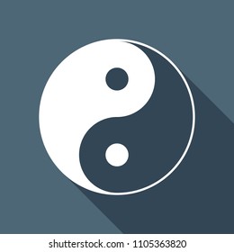yin yan symbol. White flat icon with long shadow on background