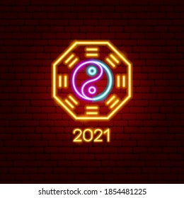 Yin Yang 2021 Neon Label. Vector Illustration of Oriental Promotion.