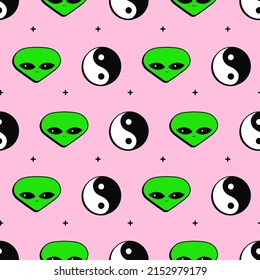 Yin Yang and alien face seamless pattern.Vector cartoon character illustration icon design.Yin Yang,alien face,ufo seamless pattern wallpaper concept