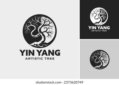 Yin Yang künstlerisches Baum-Logo-Design ist ein visuell ansprechendes Logo mit einem Baumdesign mit einem Yin Yang-Symbol.