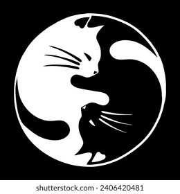 Yin Yang asiatische Katzen auf schwarz-weißer Vektorgrafik