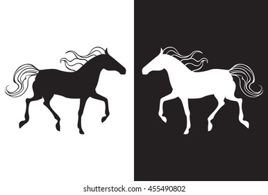 Yin yang background with two horses. Black and white horse.