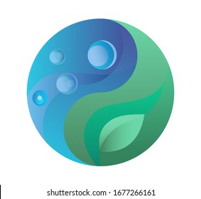 Yin Yang balance sign with blue water, bubbles, green leaf. Save the planet, ecology, eco friendly concept. Vector illustration isolated on white background