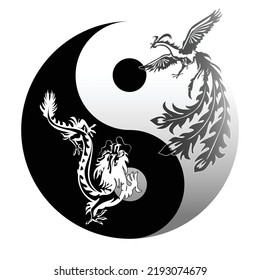 Yin and Yang Balance Symbol Between a Phoenix and Dragon