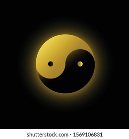 Yin Yang black and golden or yellow color in black background with golden aura, Vector illustration, Yin and Yang symbol of harmony and balance