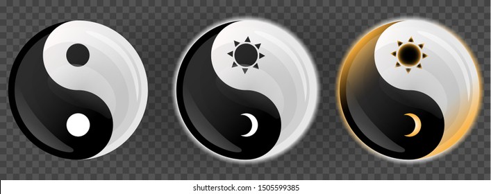 Yin Yang, Black And White, Ambient Light, Transparent Vector Illustration. Simple Icon, Button Symbol. The Taichi Symbol. Harmony And Balance.