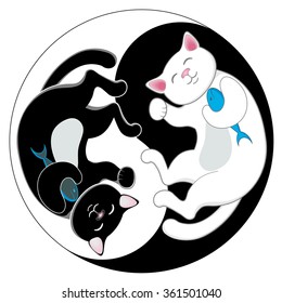 Yin yang with black and white maneki neko cats. Vector illustration