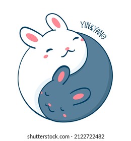 Yin yang bunny. Two cute black and white rabbits in the shape of yin yang. Can be used for t-shirt print, stickers, greeting card design. Vector illustration EPS8