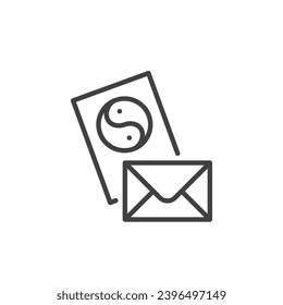 Tarjeta Yin Yang e icono de la línea de sobre. signo de estilo lineal para concepto móvil y diseño web. Icono vectorial de esquema de invitación de Año Nuevo chino. Símbolo, ilustración del logotipo. Gráficos vectoriales
