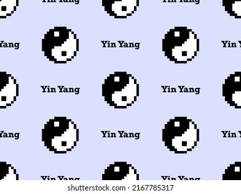 Yin yang cartoon character seamless pattern on blue background. Pixel style