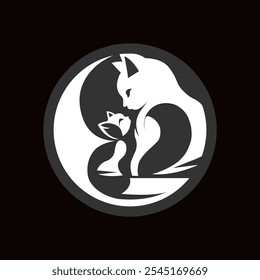 Yin Yang Cat Silhouette - Minimalist Design, Vector Illustration, Feline Harmony: A Playful Yin Yang Silhouette