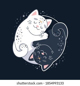 Yin Yang cats, cute circular design with two hugging cats. Vector illustration