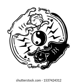 Yin Yang Cats vector illustration. Black and white cats yin yang shape. Cat want fish bones. Button logo with light and love