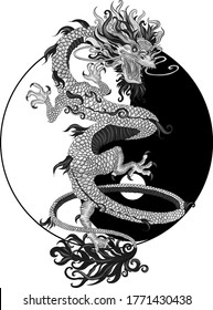 Yin Yang and Chinese dragon black and white tattoo sketch vector illustration print