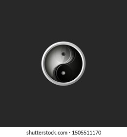 Yin and Yang Chinese philosophy balance symbol, round 3d icon, glass material metal frame, harmony logo design element mockup