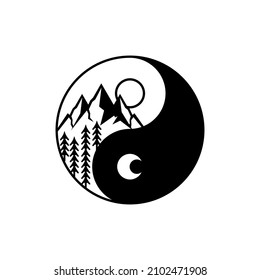 yin yang circle logo design with illustration of a mountain of pine trees