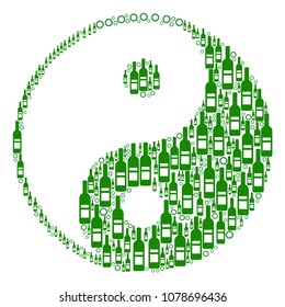 Yin Yang collage of wine bottles and circles in variable sizes and green colors. Vector items are combined into yin yang composition. Wine design concept.