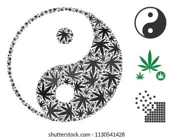 Yin yang composition of cannabis leaves in different sizes and color tones. Vector flat ganja leaves are grouped into yin yang composition. Narcotic vector illustration.