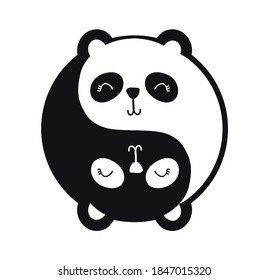 Yin Yang Cute Panda. Sencillos y bonitos pandas negros y blancos en forma de yinyang. Plantilla vectorial de diseño de logotipo de silueta de oso. Icono de concepto animal.