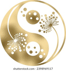 yin yang with dandelion in gold with transparent background