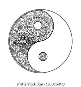 Yin and yang decorative symbol. Hand drawn vintage style design element. Alchemy, spirituality, occultism, textiles art. Vector illustration for t-shirt print isolated on white background.