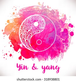 Yin and yang decorative symbol. Hand drawn vintage style design element. Alchemy, spirituality, occultism, textiles art. Vector illustration for t-shirt print over colorful watercolor background.