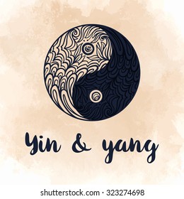 Yin and yang decorative symbol. Hand drawn vintage style design element. Alchemy, spirituality, occultism, textiles art. Vector black  illustration for t-shirt print isolated on beige background.