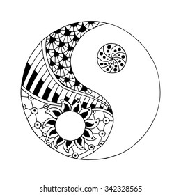 Yin and yang decorative symbol. Hand drawn zentangle style design element. Alchemy, spirituality, occultism, textiles art. Vector illustration for t-shirt print isolated on white background.