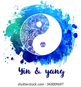 Yin and yang decorative symbol. Hand drawn vintage style design element. Alchemy, spirituality, occultism, textiles art. Vector illustration for t-shirt print over colorful watercolor background.