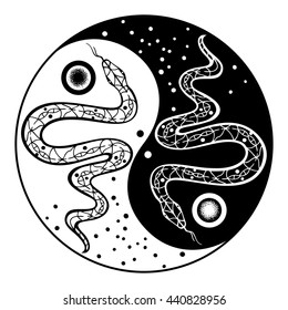 Yin and yang decorative symbol with snakes. Hand drawn element in boho style. Design for fashion, print, label, poster, logo, textile, paper. Spirituality, astrology, shamanism, occultism, alchemy.