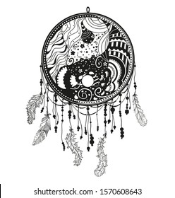 Yin and Yang. Dreamcatcher on white. Abstract mystic symbol. Black and white illustration