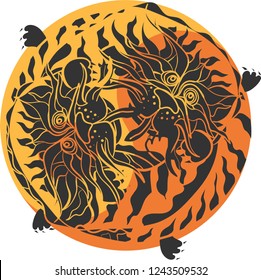 Yin Yang eastern dragon orange yellow grey