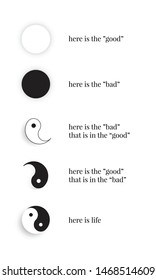 Yin and Yang elements poster and wallpaper with explanation. Esoteric symbol of harmony and balance. Feng shui icon. Isolated sacred geometry signs on white background. 