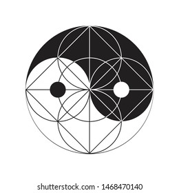 Yin and Yang. Esoteric symbol of harmony and balance. Feng shui. Instruction, how to draw. Isolated sacred geometry sign on white background with construction.