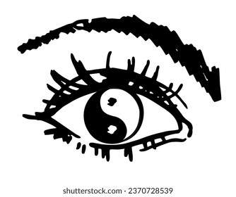 Yin yang eye logo. Yin yang symbol with yang in the shape of an eyeball. Black and white illustration isolated on white background