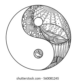 Yin and Yang. Feather pattern. Zentangle. Hand drawn mandala on isolation background. Design for spiritual relaxation for adults. Line art creation. Black and white illustration for coloring.