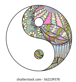 Yin and Yang. Feather pattern. Zentangle. Hand drawn mandala on isolation background. Design for spiritual relaxation for adults. Line art creation. Zen art