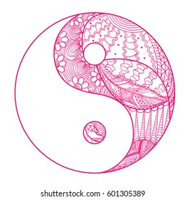 Yin and Yang. Feather pattern. Zentangle. Hand drawn mandala on isolation background. Design for spiritual relaxation for adults. Line art creation.