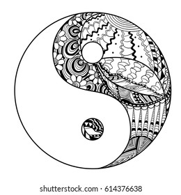 Yin and Yang. Feather pattern. Zentangle. Hand drawn mandala on isolation background. Design for spiritual relaxation for adults. Line art creation. Black and white illustration for coloring.