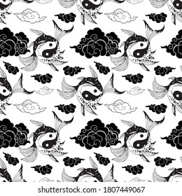Yin yang fish pattern  illustration for tattoo  and background with isolate white background